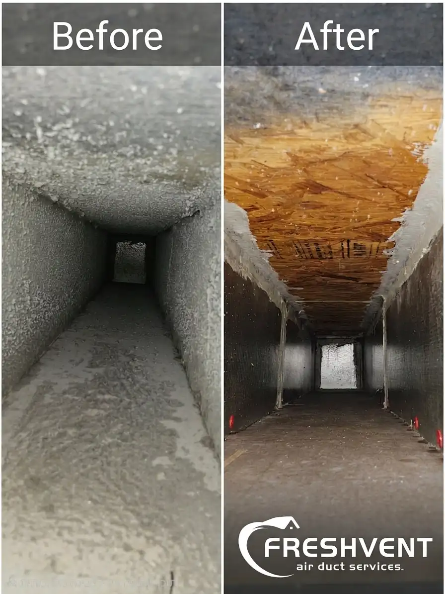 Air duct cleaning before and after, vertical view
